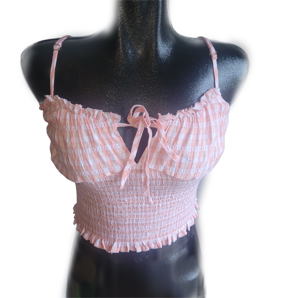 Forever 21 Pink Gingham Smocked Crop Tank Top Size M